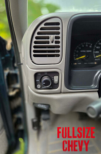 Finished OBS Express Van headlight knob swap installed on GMT400 dash