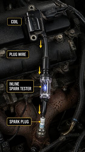 Inline spark tester between coil, plug wire and spark plug