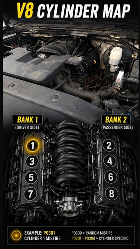 V8 cylinder map, Bank 1 vs Bank 2, P0301 = cylinder 1