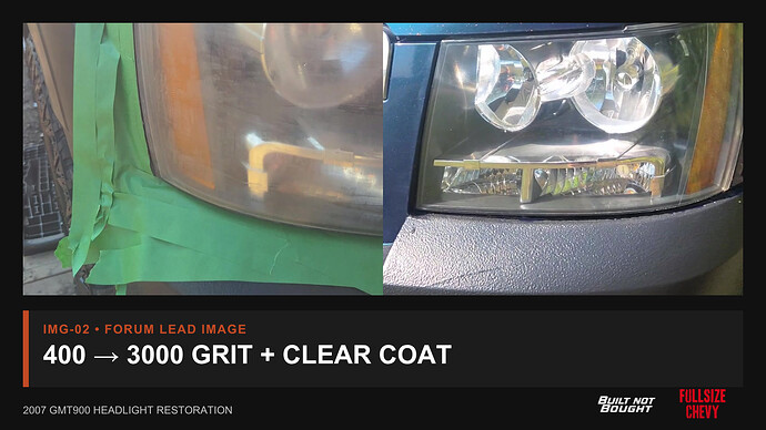 OEM 2007 Chevy Avalanche headlight before and after progressive wet sanding and clear coating