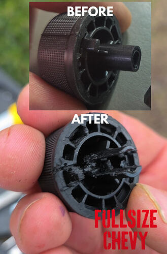 Before and after OBS Express Van headlight knob swap showing modified knob shaft for GMT400 Chevy truck — FullsizeChevy