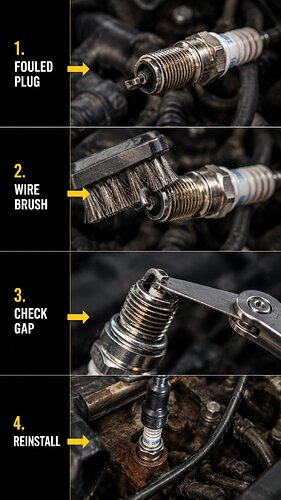 Spark plug inspection: fouled plug, wire brush, check gap, reinstall